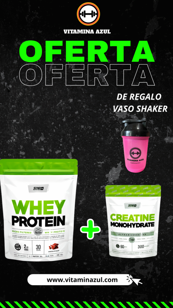 COMBO STAR NUTRITION PROTEINA DE 1 KILO + CREATINA 300 GRS INCLUYE UN SHAKER ¡Regalo sorpresa! (gel/barritas/gorro)
